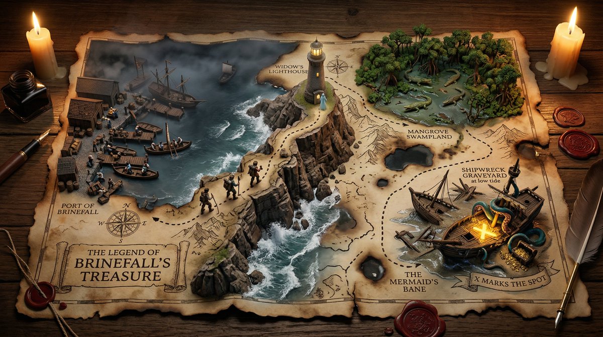 A hand-drawn treasure map on aged parchment, with the adventure erupting into three-dimensional que…