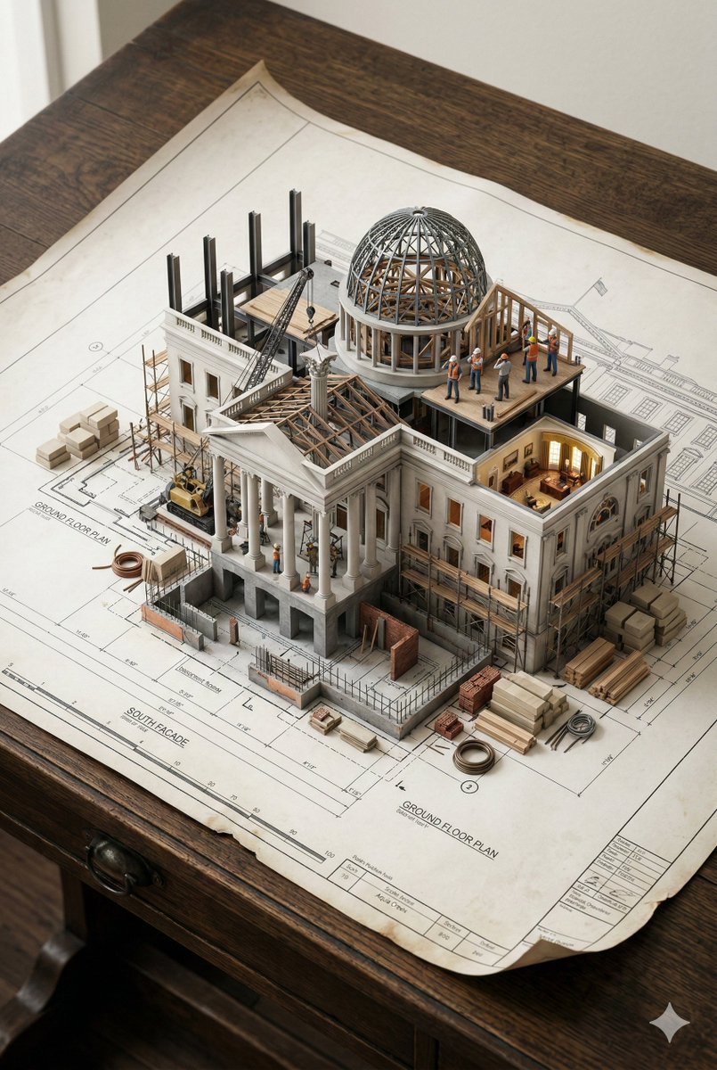 An architectural blueprint of [BUILDING_NAME] placed on a {SURFACE}, with a photorealistic miniatur…