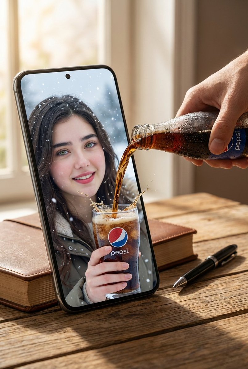 A hyper-realistic surreal composite scene set on a wooden tabletop. A large oversized smartphone do…