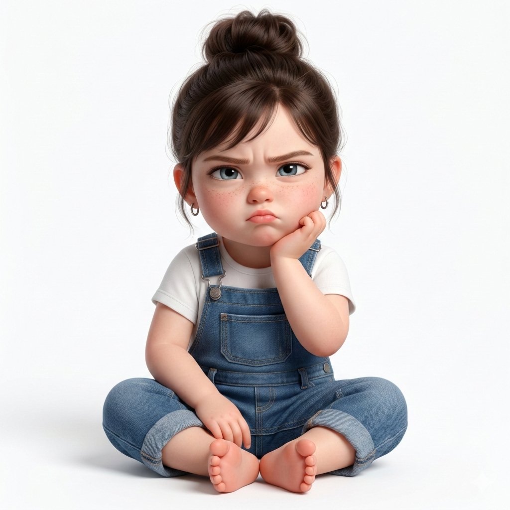 Create a super cute, hyper-realistic 3D render of a toddler girl who is a younger version of the pe…