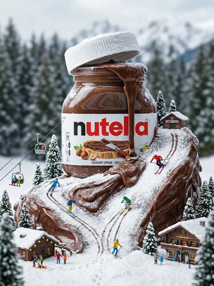 { "cinematic miniature winter world built around a giant Nutella jar, thick chocolate hazelnut spre…