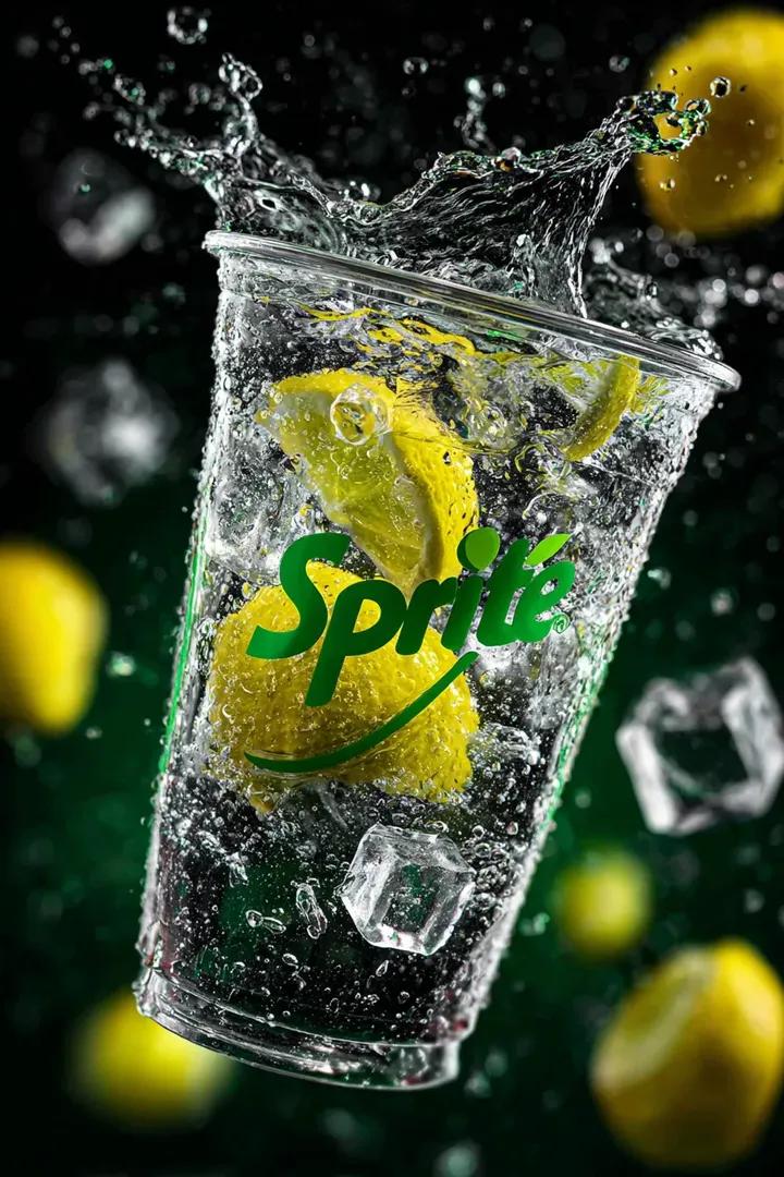 A transparent cup filled with fresh Sprite lemon soda floating in the air, surrounded by sparkling …