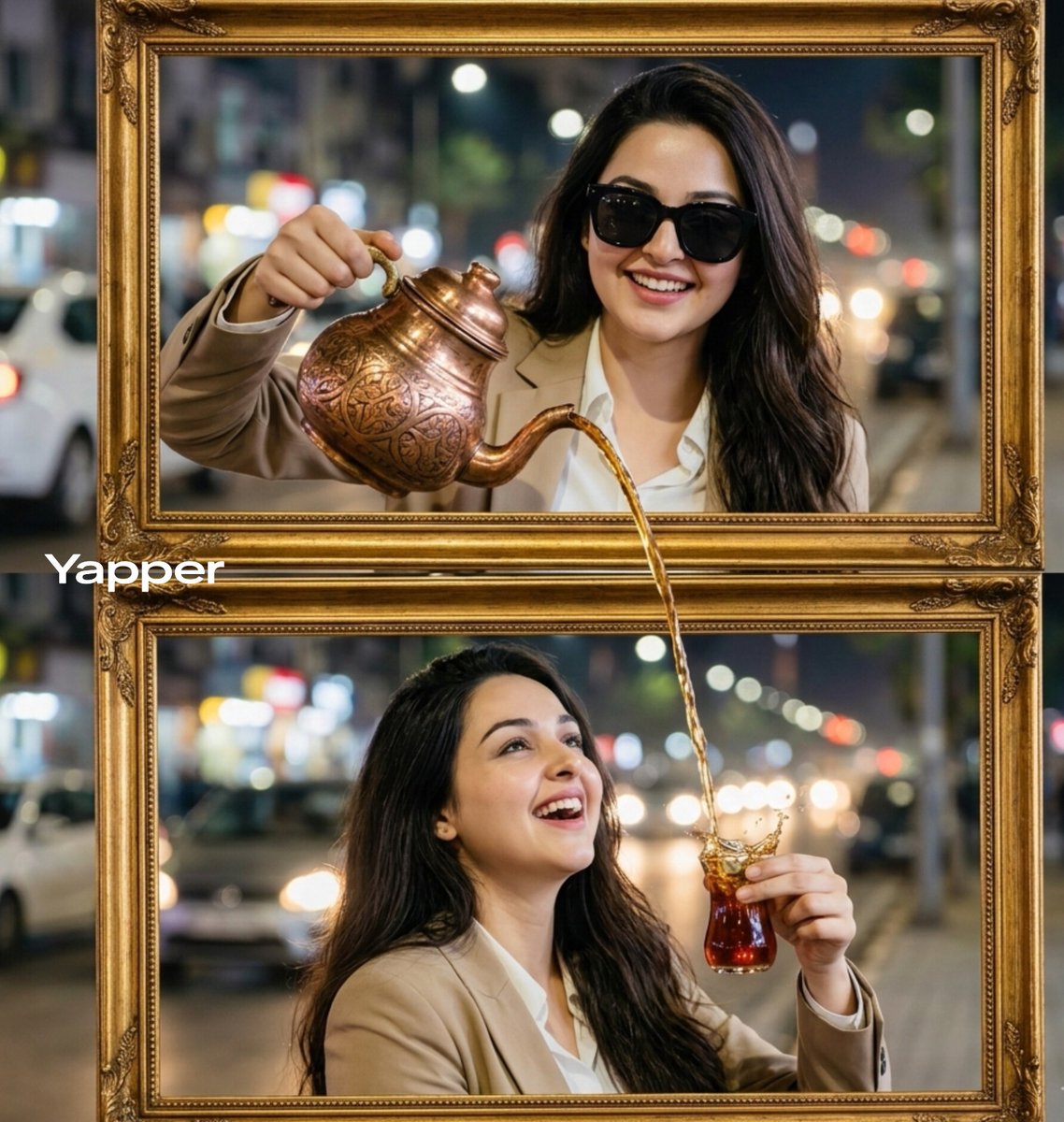 Ultra-realistic cinematic two-frame composition. In the top golden vintage frame, an elegant stylis…