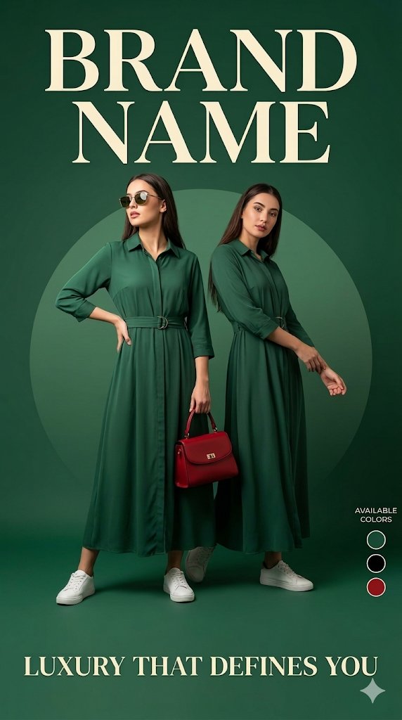 Luxury fashion advertisement poster, deep green background with a soft circular gradient behind the…