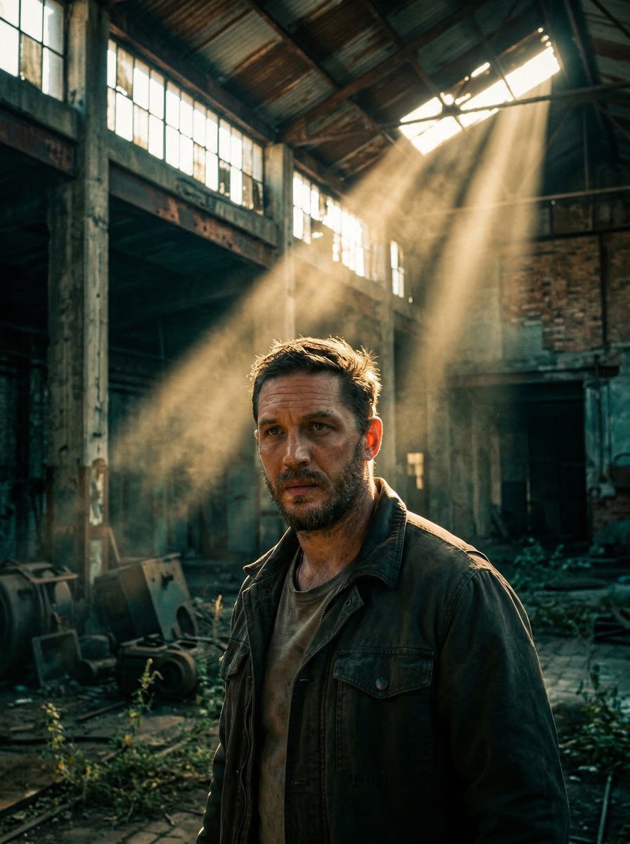 Portrait of [your description], face illuminated by dramatic cinematic volumetric god rays, intense…