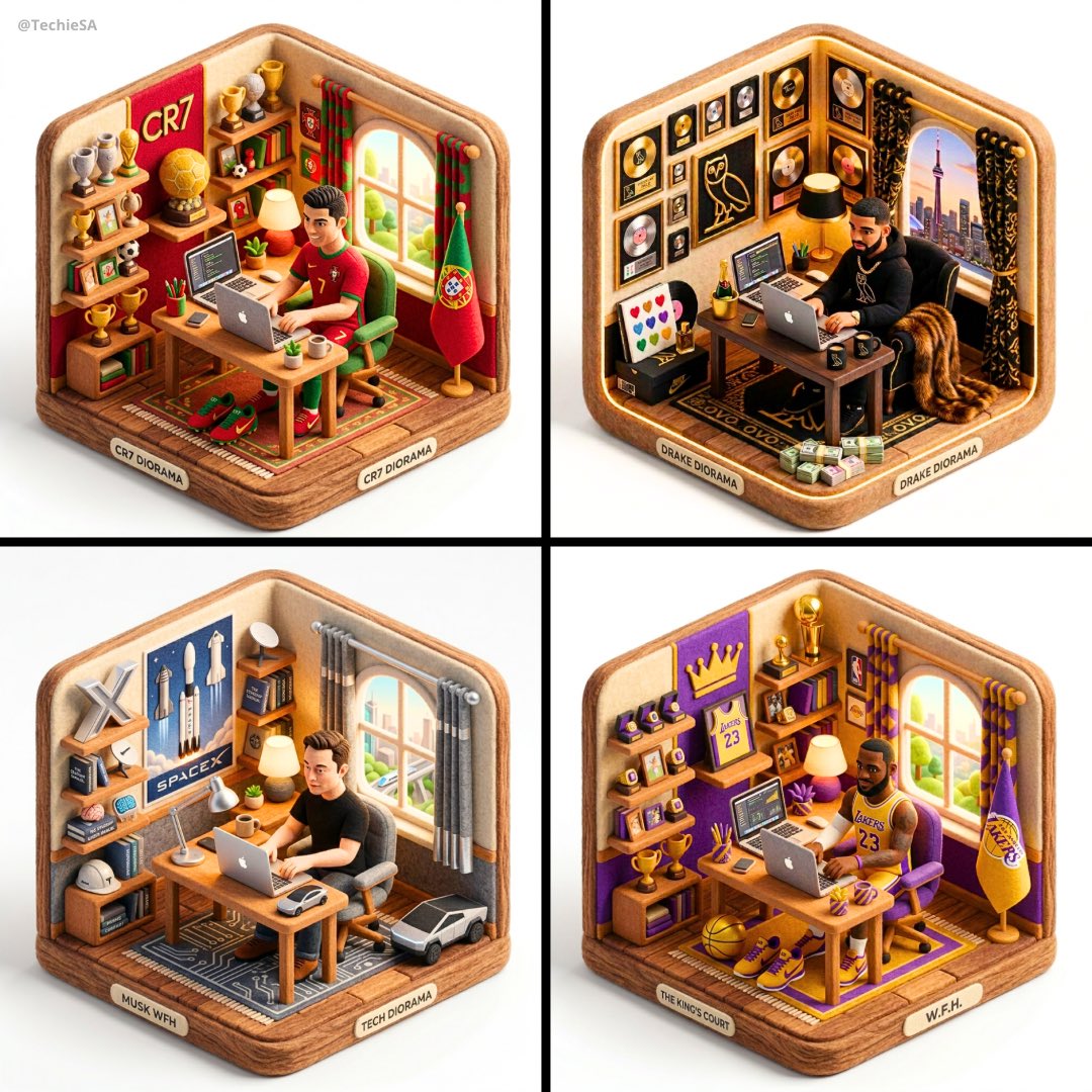 Generate a 3D isometric diorama illustration of [CHARACTER] working from home at a desk with a lapt…