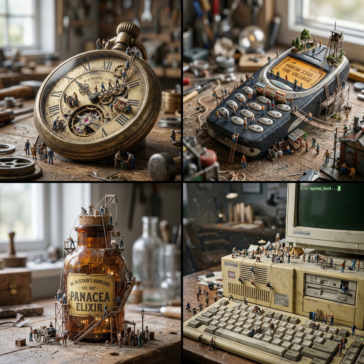 Create a hyper-realistic macro photograph of a miniature surreal scene. The environment is dominate…