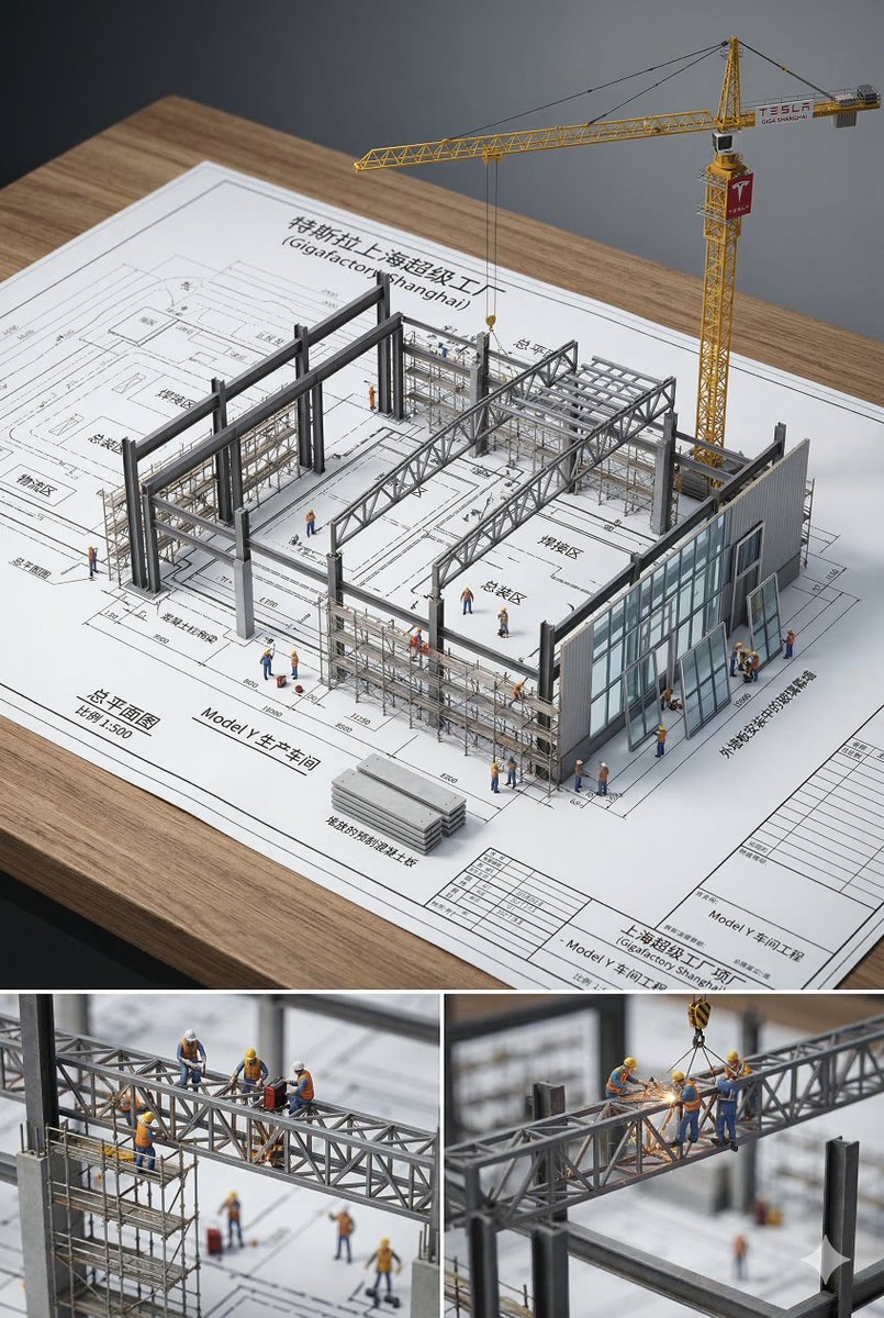 An architectural blueprint of {BUILDING_NAME} placed on a {SURFACE}, with a photorealistic miniatur…