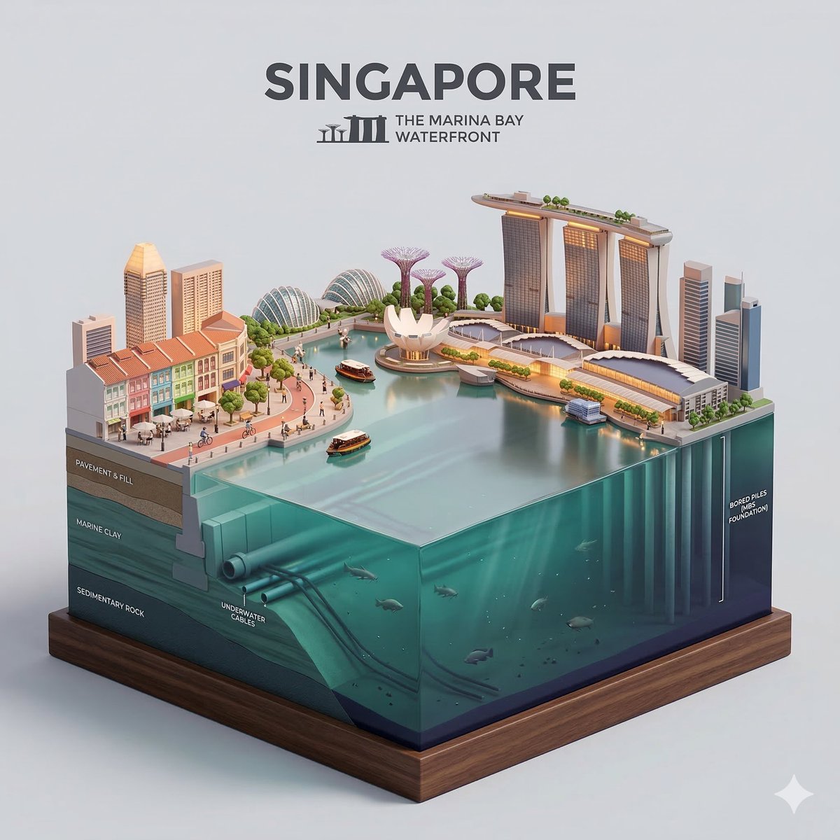 Present a clear, side-facing isometric miniature 3D cartoon diorama of [CITY] along the [WATERFRONT…