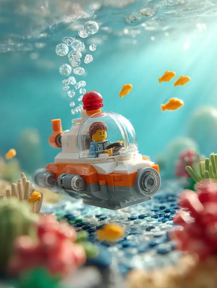 Surrounding the submarine are multiple small bright yellow LEGO fish swimming at different depths, …