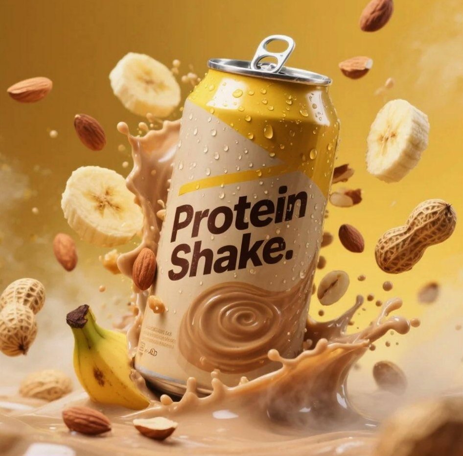 Hyper-realistic product advertisement of a protein shake can with yellow and cream design, surround…