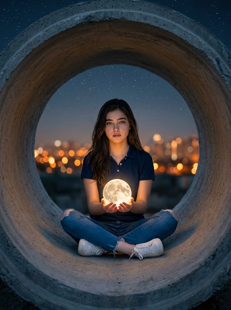 Hyper-realistic surreal photography of a woman sitting inside a massive, rough concrete pipe, featu…