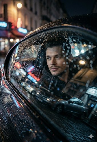 A low-angle, cinematic close-up shot looking through a rain-slicked car window. Inside the car, a c…