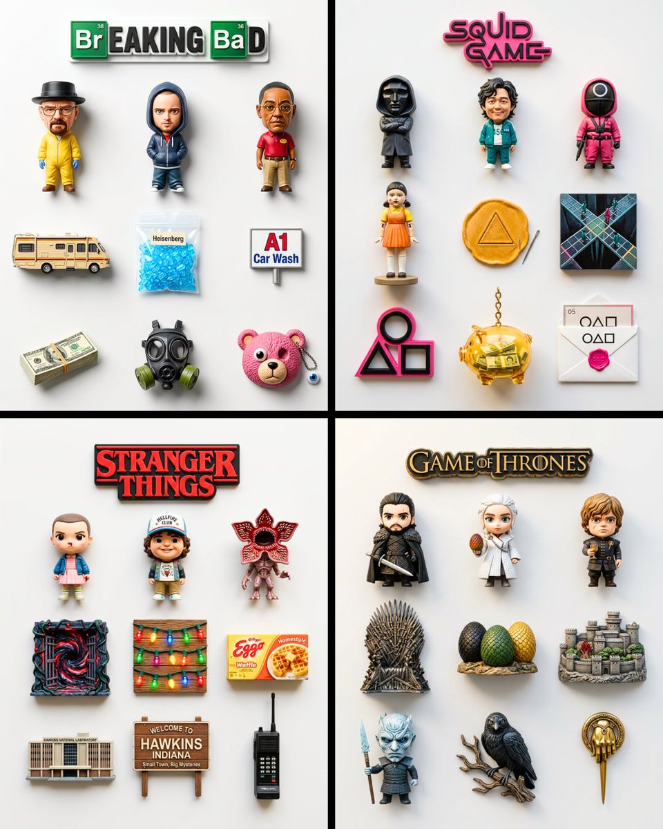 A flat-lay collection of exactly 9 hyper-realistic 3D resin fridge magnets arranged on a plain matt…