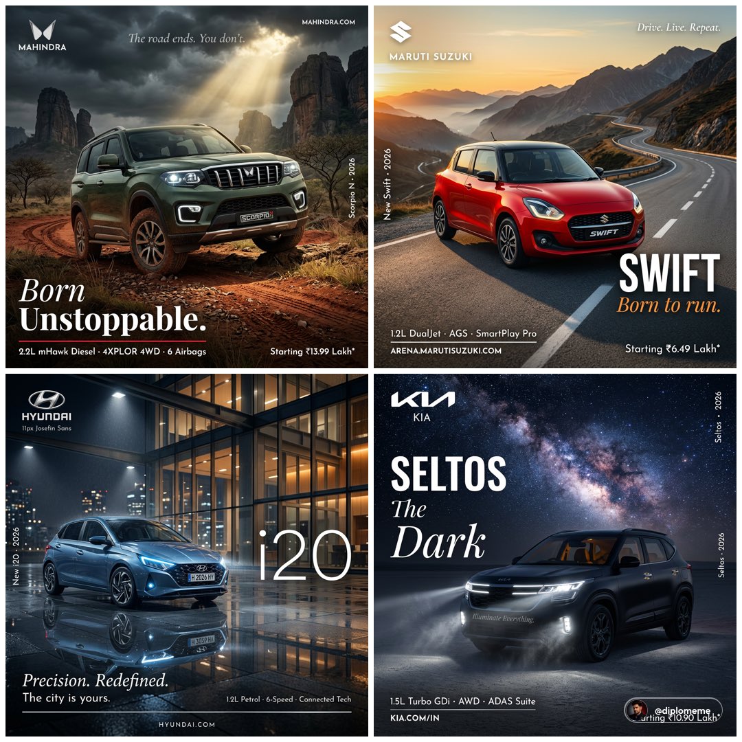 Hyper-realistic professional automotive commercial ad poster. [BRAND] [MODEL] in [COLOR] parked at …