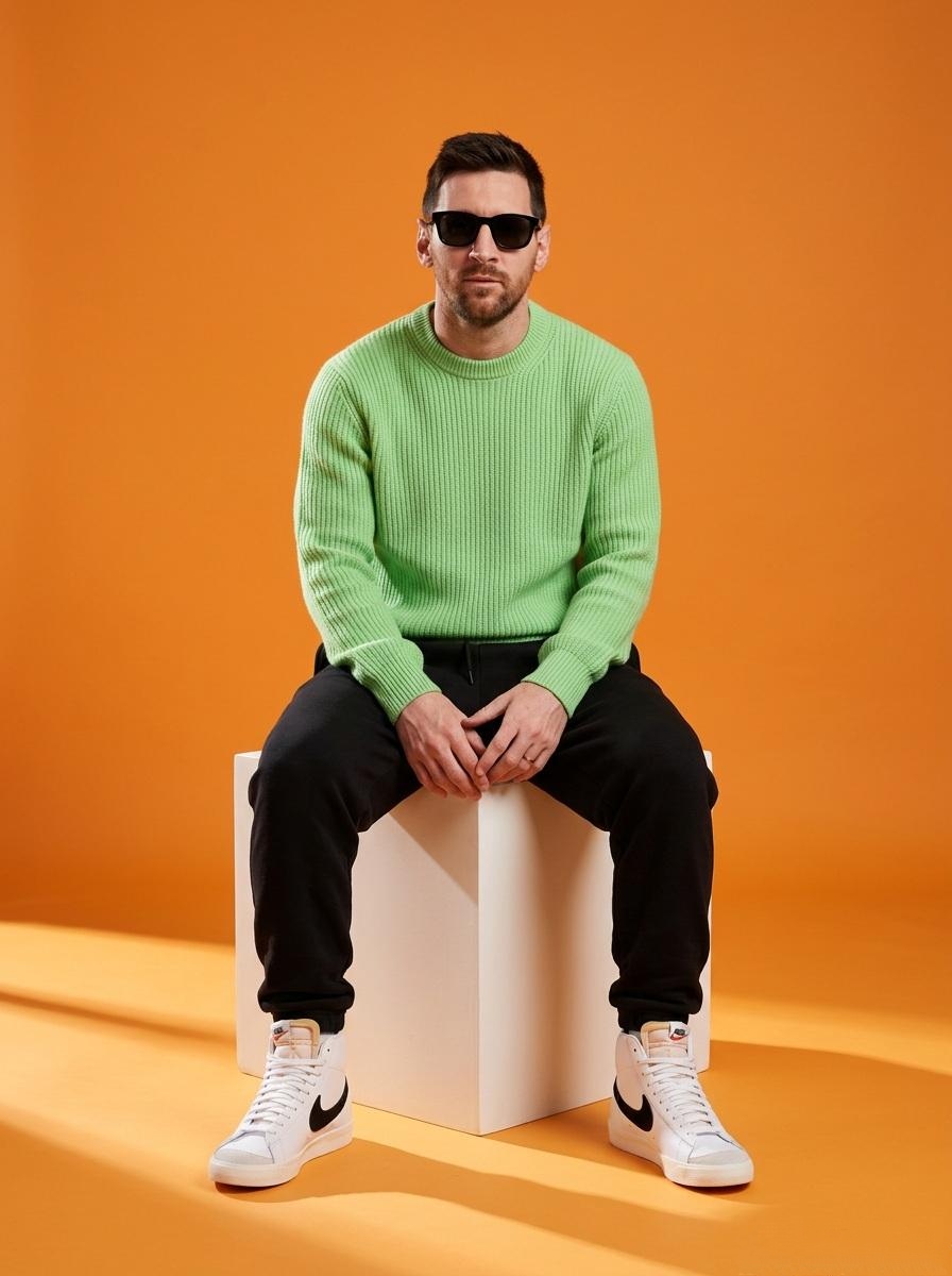 A stylish male model sitting on a white cube in a minimalist studio with a vibrant orange backgroun…