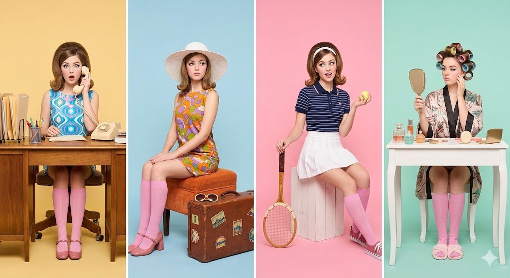 A retro-inspired studio photoshoot featuring a young woman styled in four different personas, arran…