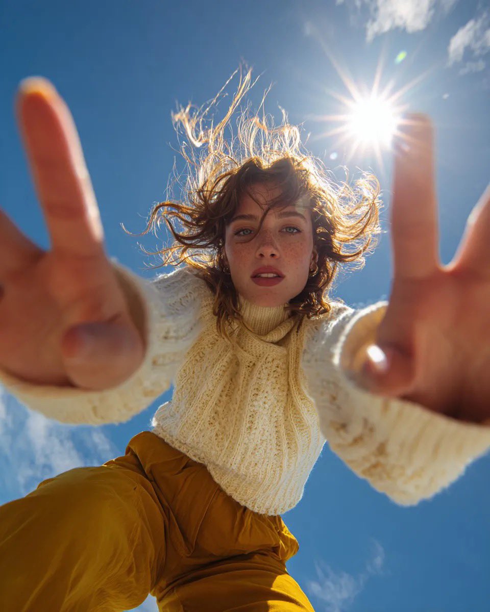 Ultra wide-angle low-angle portrait shot from ground perspective, young woman leaning over camera, …