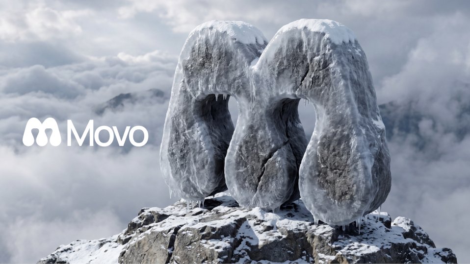 A hyper-realistic 3D render of a flat logo sculpted as a massive, frosted stone monument standing u…