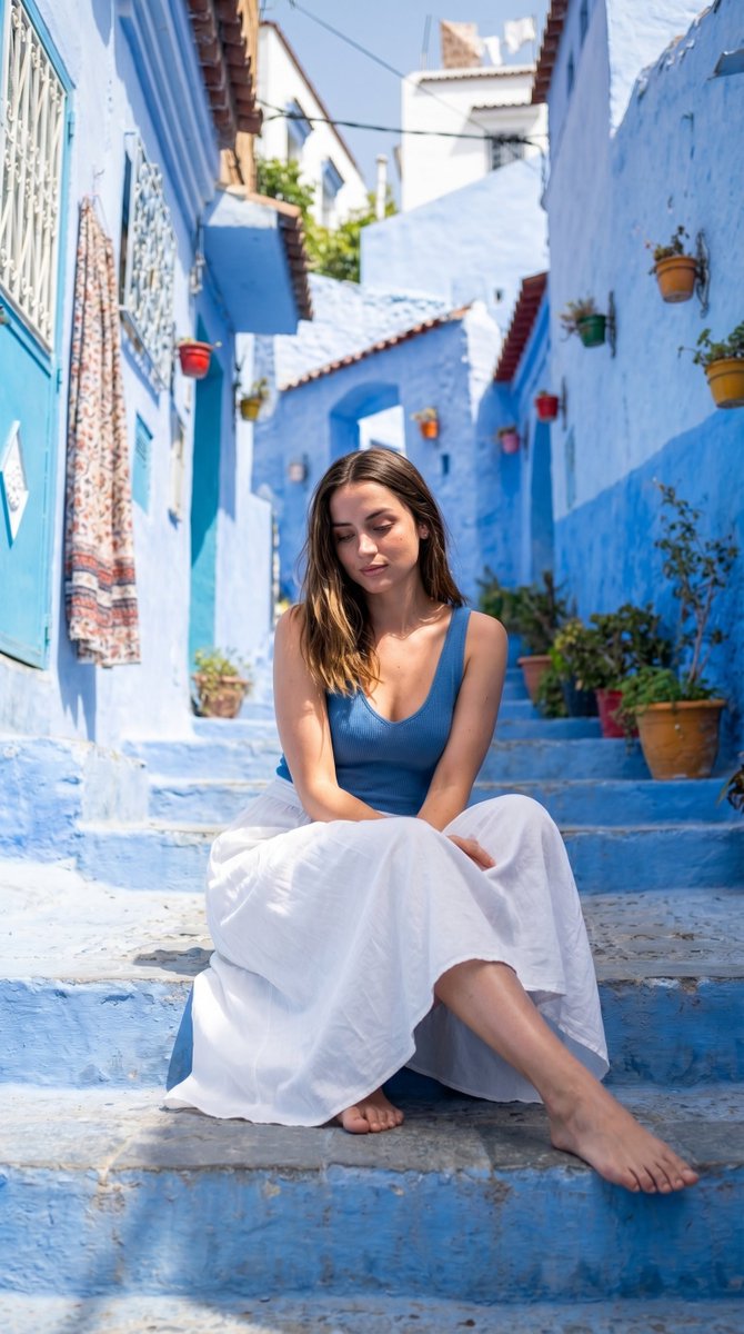 { "scene": { "setting": "narrow outdoor alley with stepped pathway in a Mediterranean blue-painted …