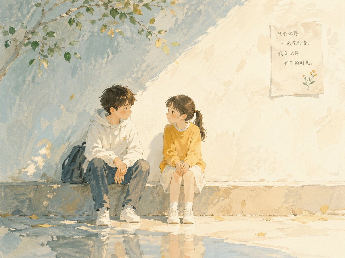 Soft poetic children's book illustration with watercolor and gouache textures.Clear gentle daylight…