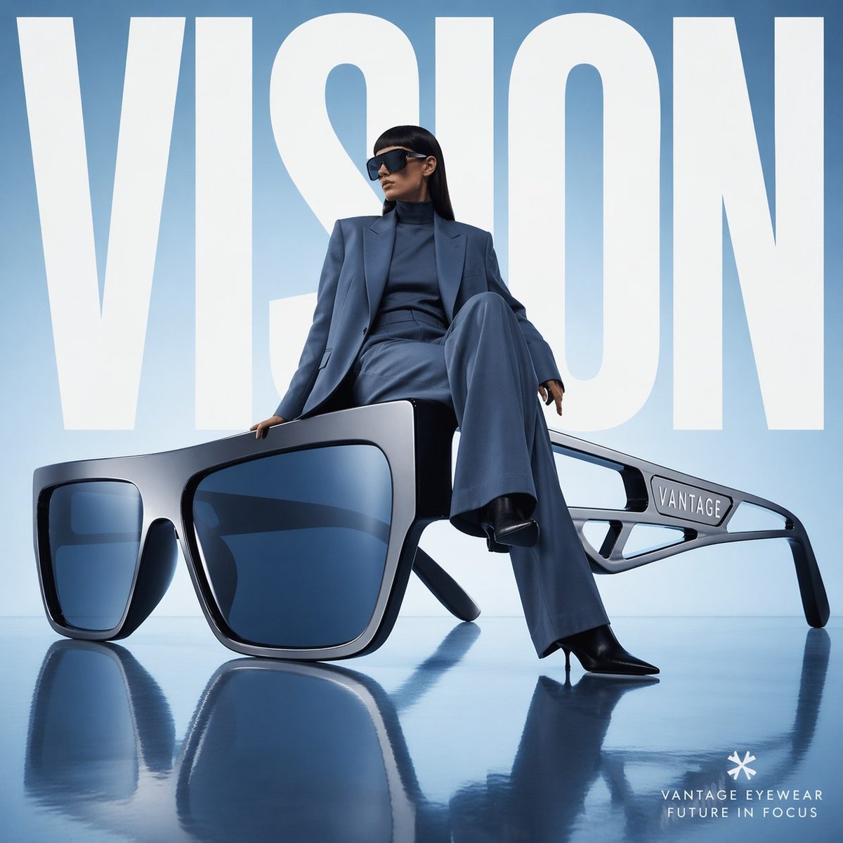 Avant-garde fashion advertisement, oversized futuristic sunglasses positioned like sculpture, model…