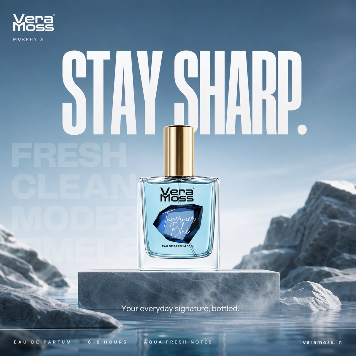 Hyper-realistic cinematic perfume billboard poster for Vera Moss Tavernier Blue Eau De Parfum, buil…