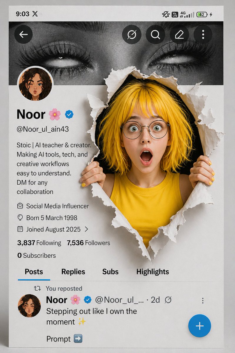 A creative 3D photo manipulation of a social media profile interface, featuring a surprised young w…