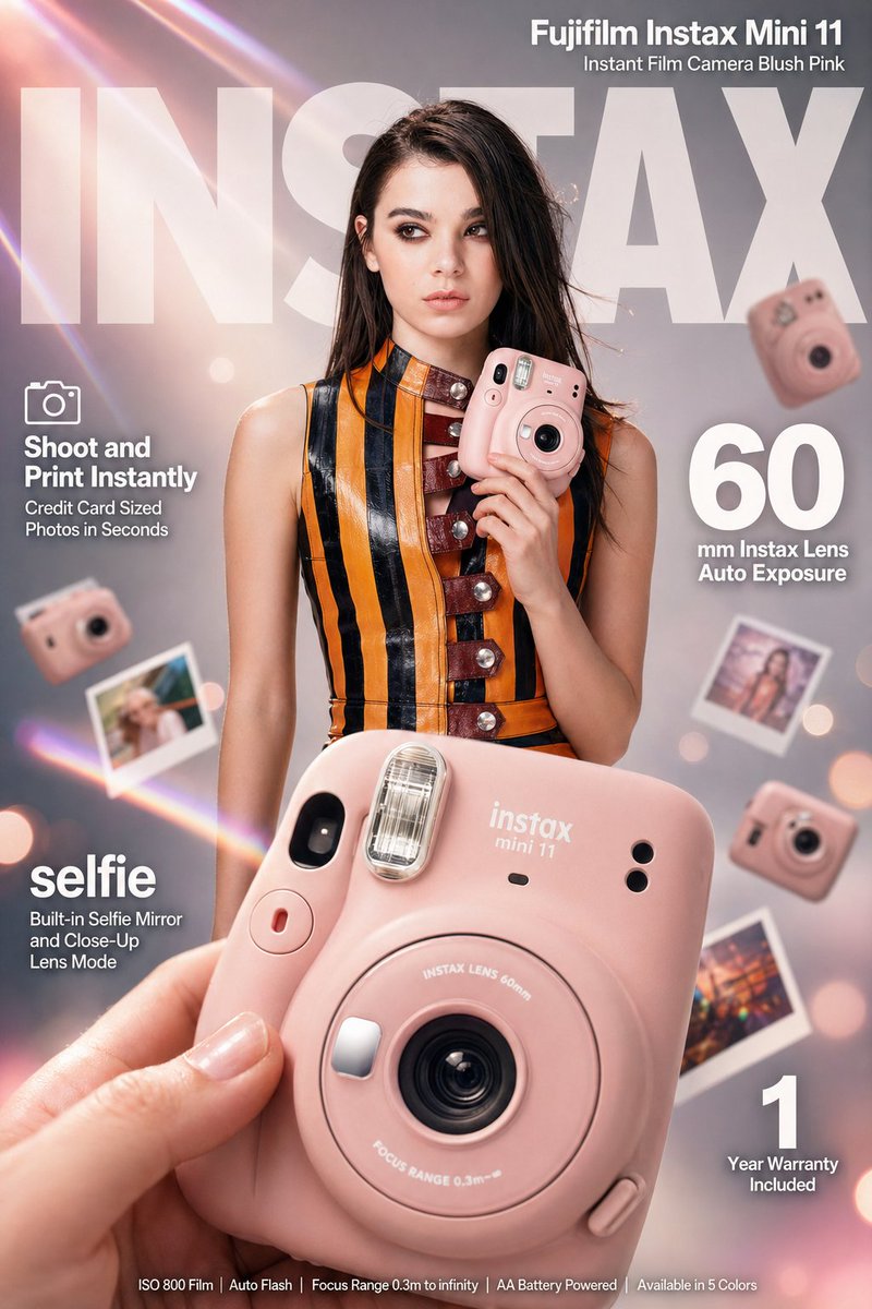 High-impact e-commerce infographic advertisement for "Fujifilm Instax Mini 11" blush pink instant c…