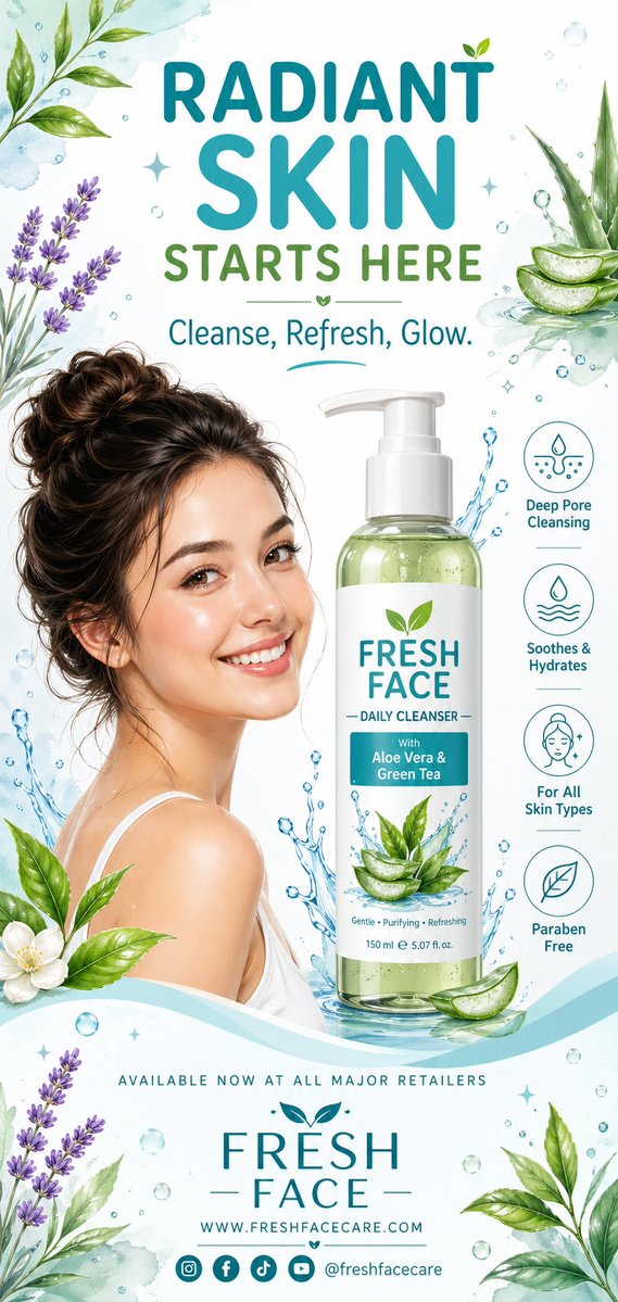 A clean, refreshing vertical advertising poster design for a face wash product, using a graphic ill…