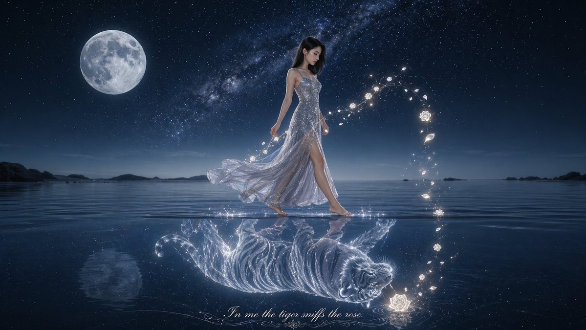Moonlit Woman and Tiger Reflection
