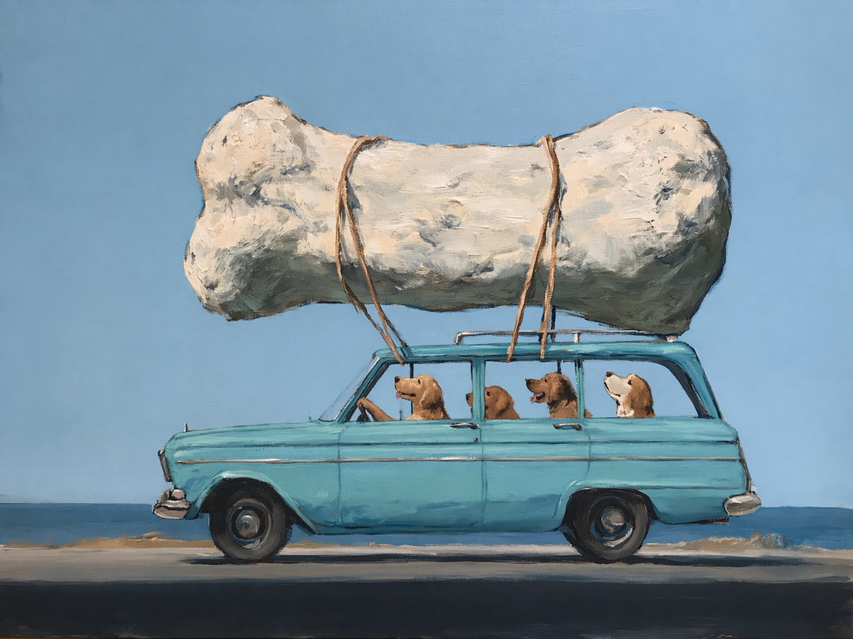 Dogs Carrying Giant Bone by the Sea
