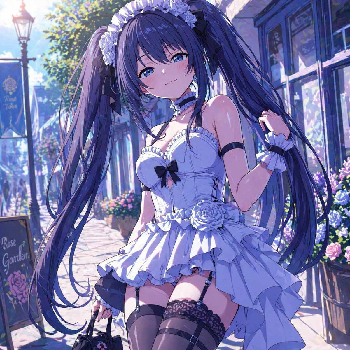 Elegant Anime Girl on a Flower Street