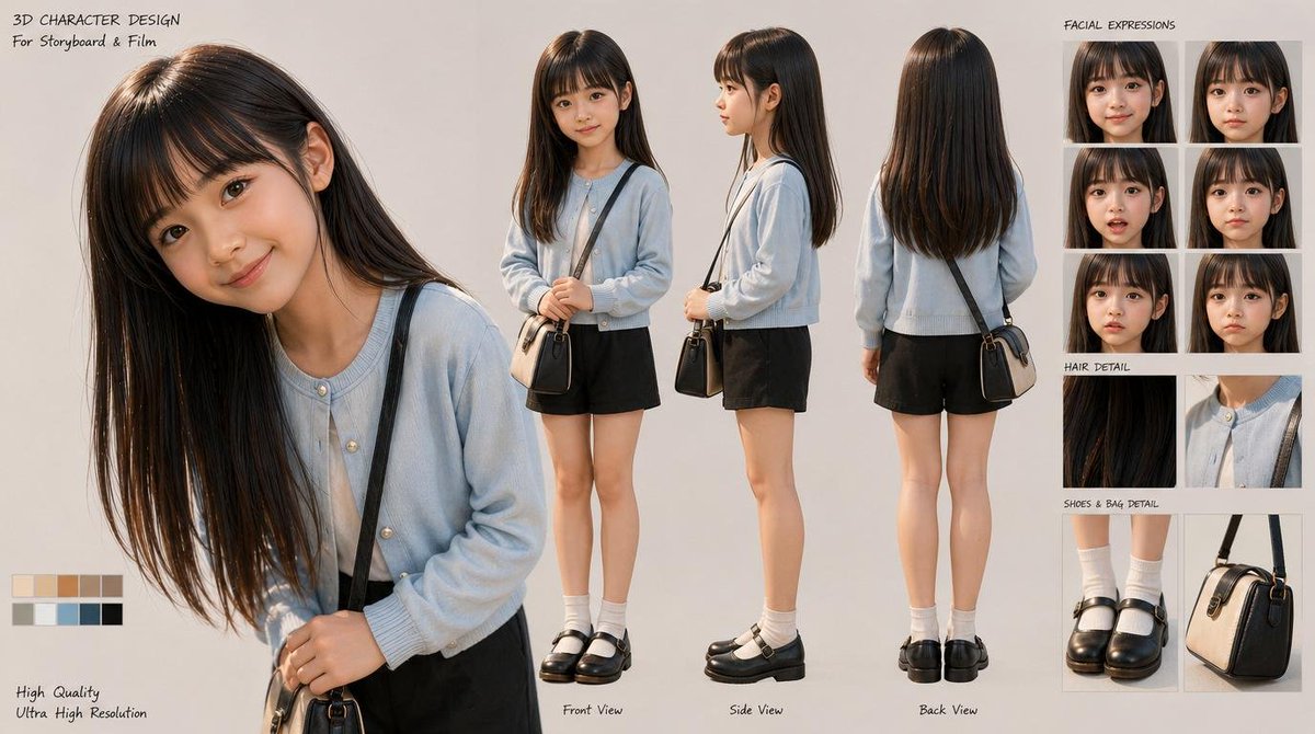 3D Schoolgirl Character Design Sheet