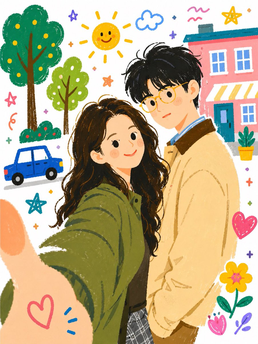 Whimsical Couple Selfie Illustration