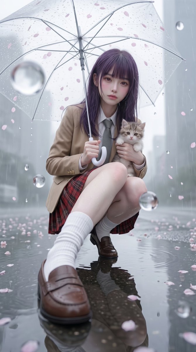 Rainy Sakura Schoolgirl Portrait