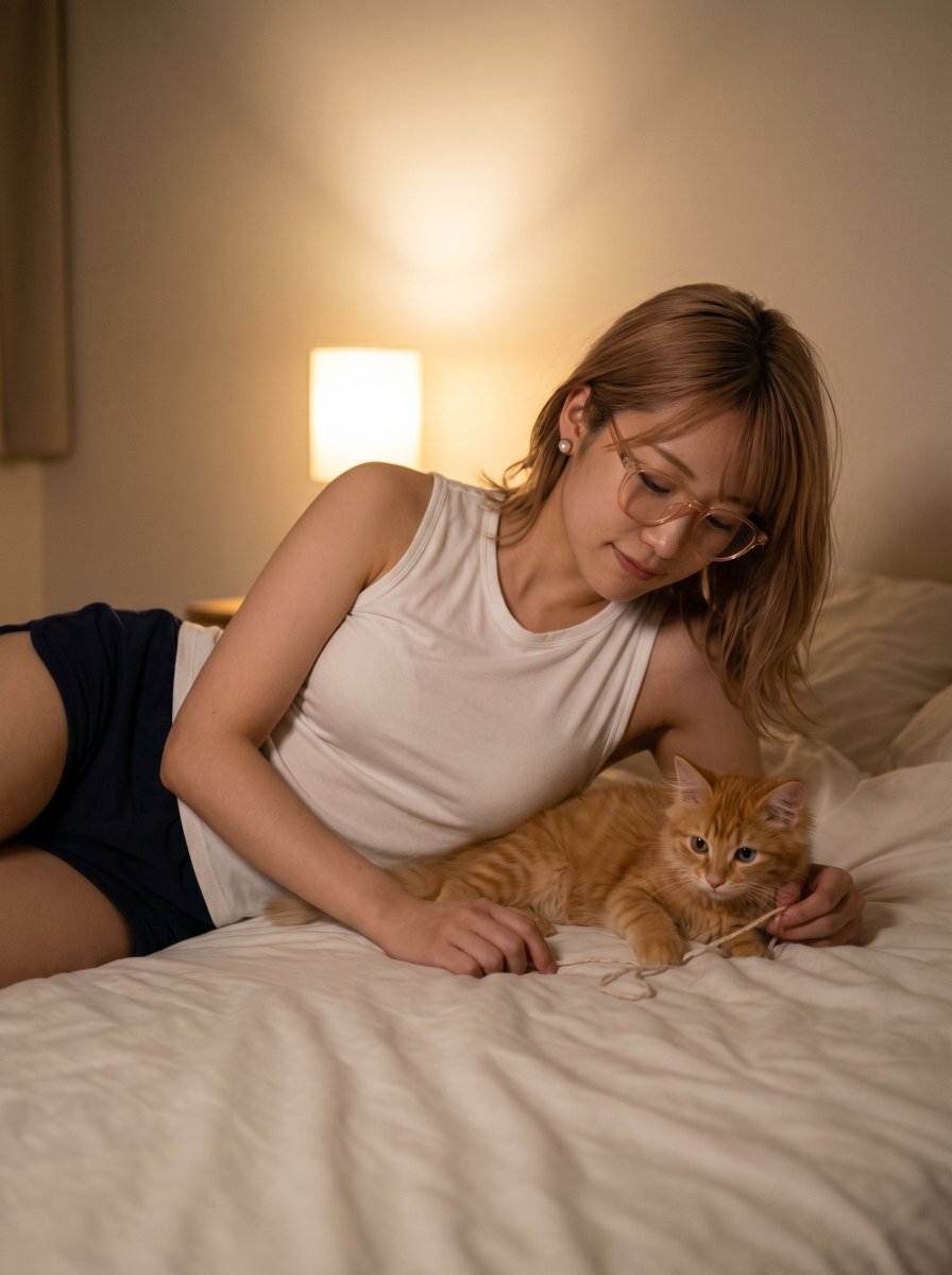 Cozy Bedtime Woman With Ginger Kitten