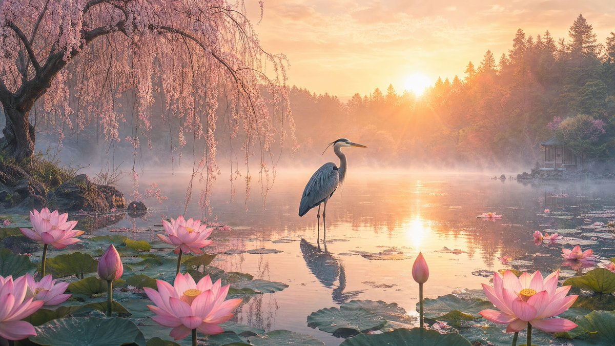 Misty Lotus Pond Heron Sunrise