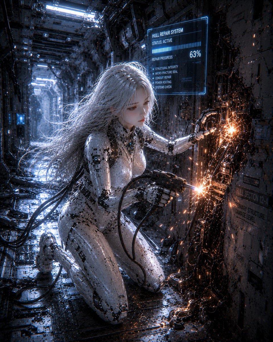 Female Android Repairing Spaceship Hull