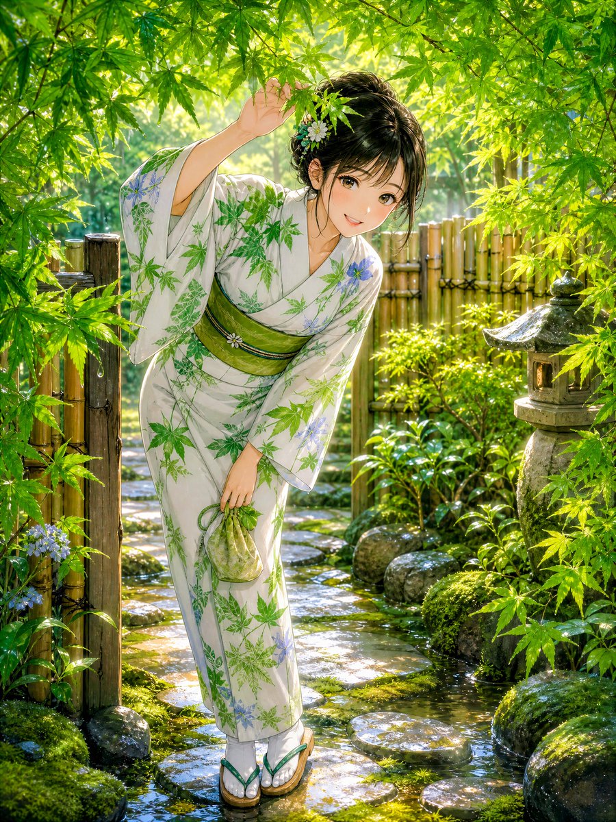 Rainy Maple Garden Kimono Scene