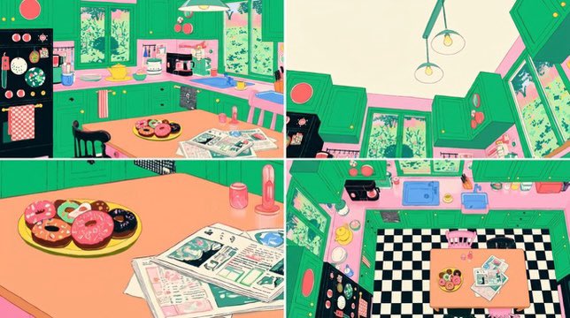 Four-Panel Retro Kitchen Scene