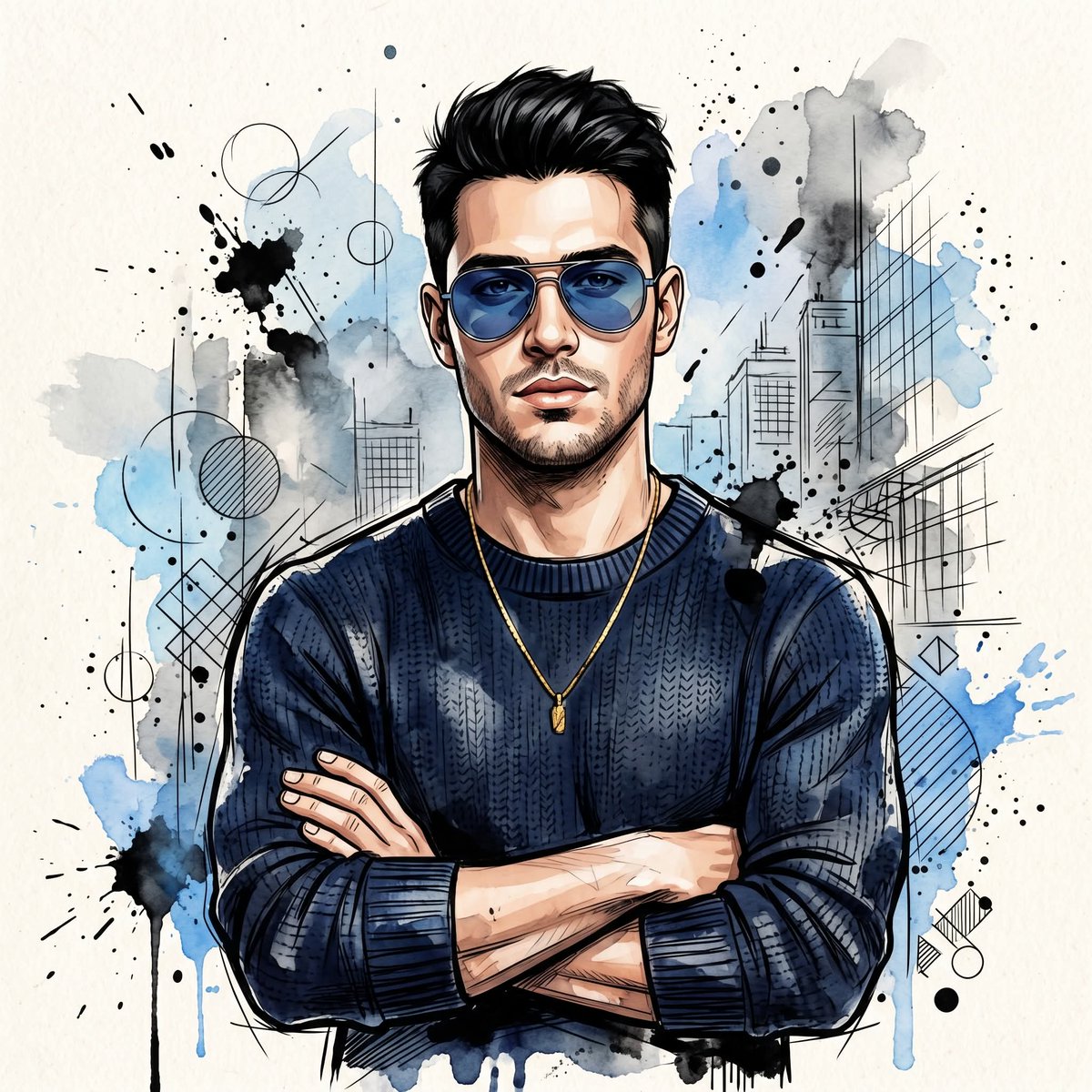 Watercolor Man Portrait with City Skyline