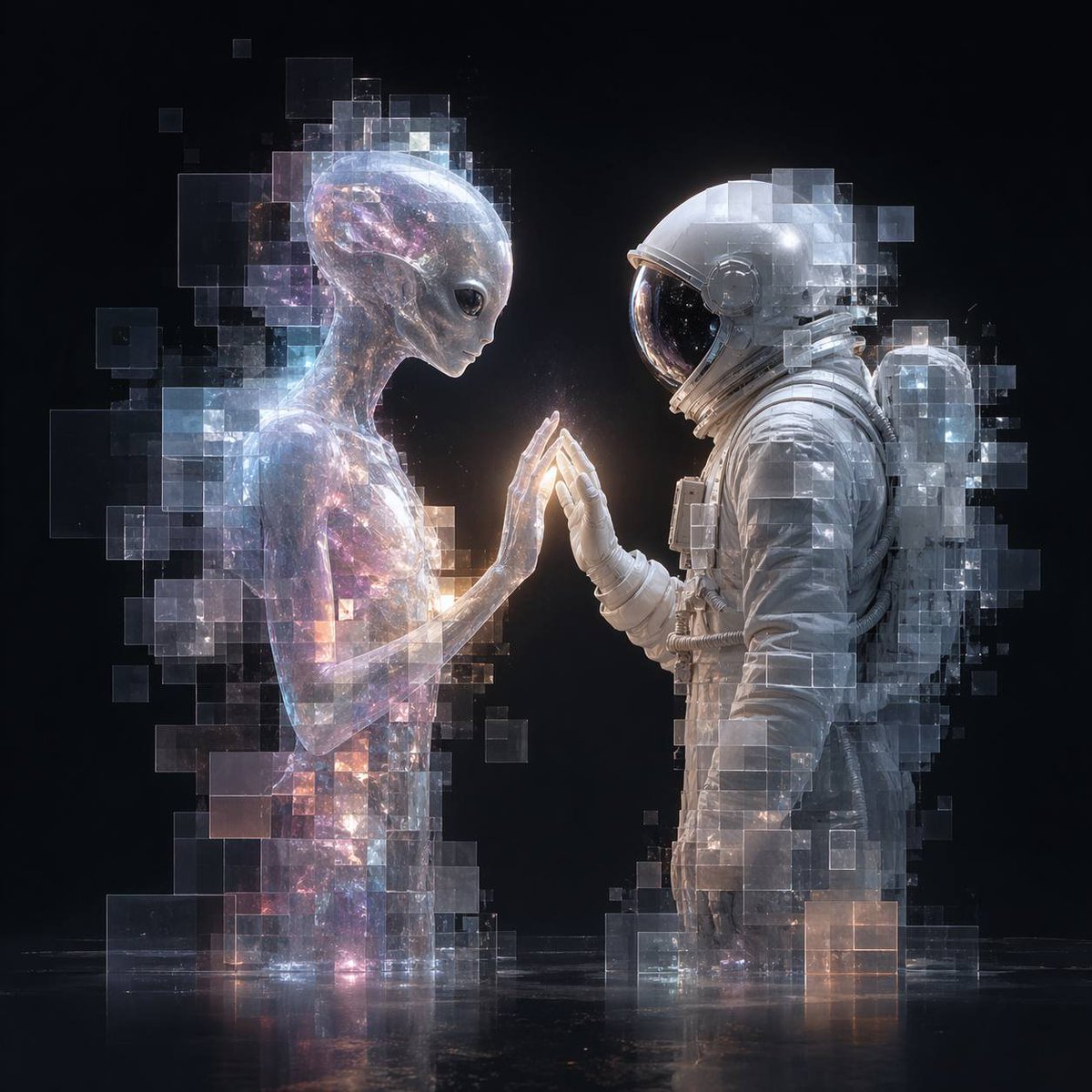 Pixel Glass Alien and Astronaut Encounter