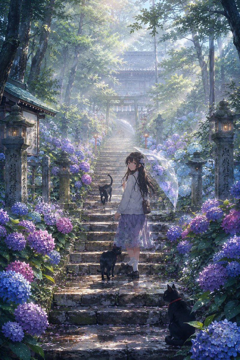 Rainy Season Shrine Hydrangea Scene