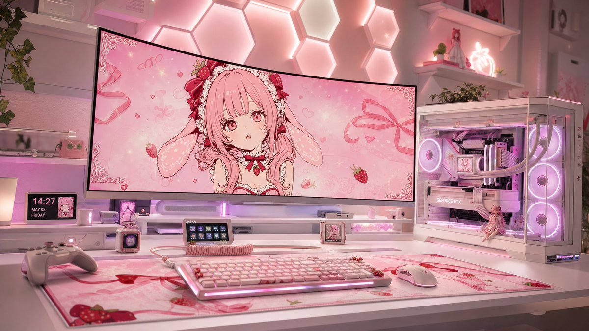 Pastel Pink Anime Gaming Desk Setup