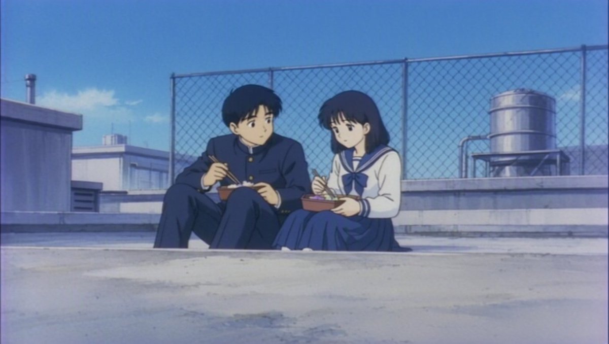 Retro Anime Rooftop Lunch Scene