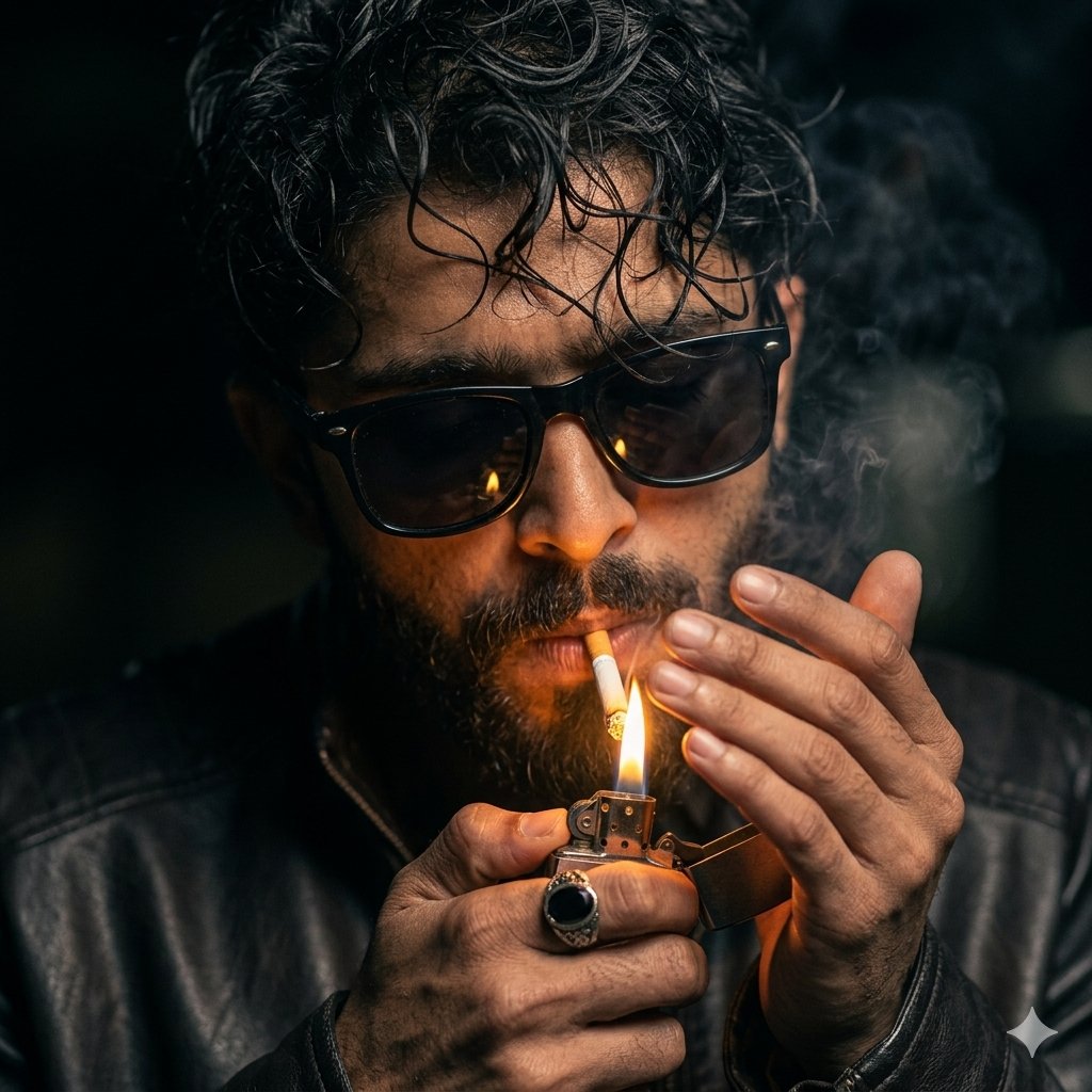 Moody Cinematic Portrait with Lighter Flame
