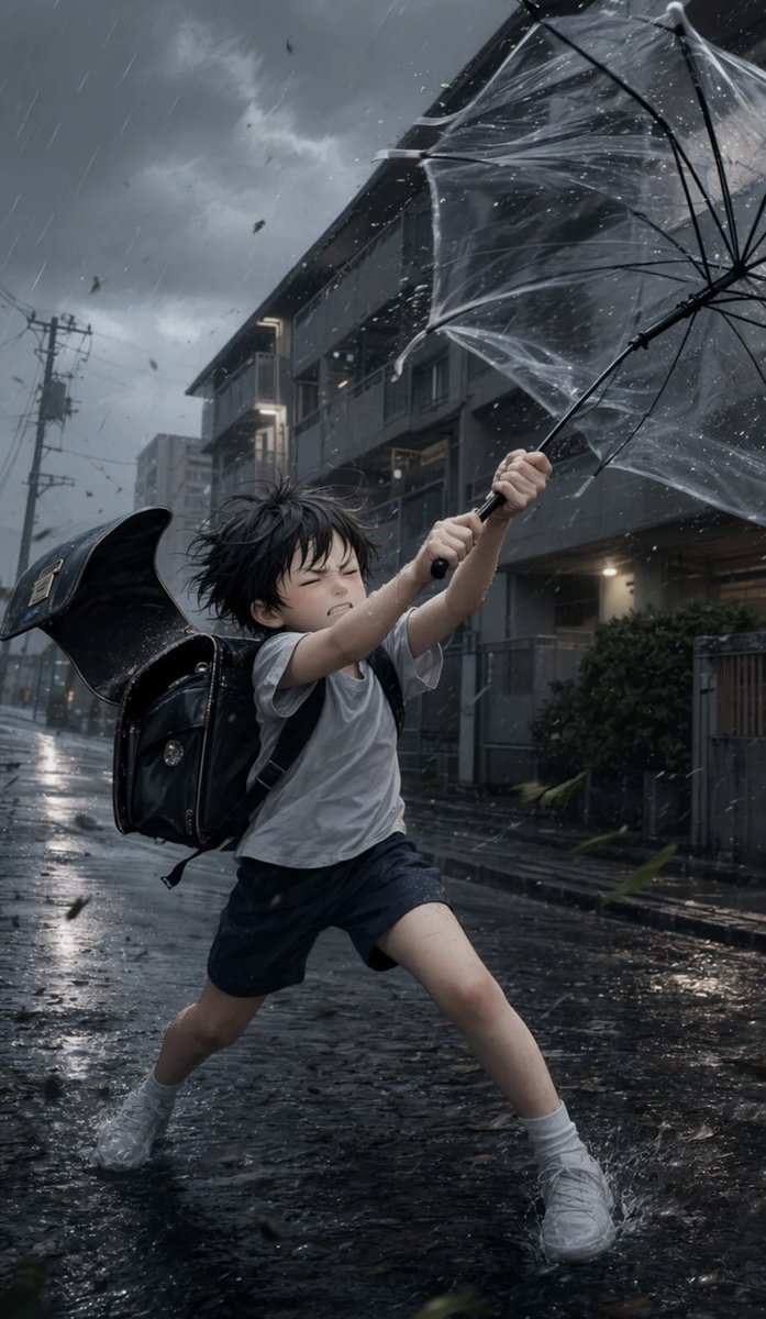 Boy Fighting Storm With Umbrella