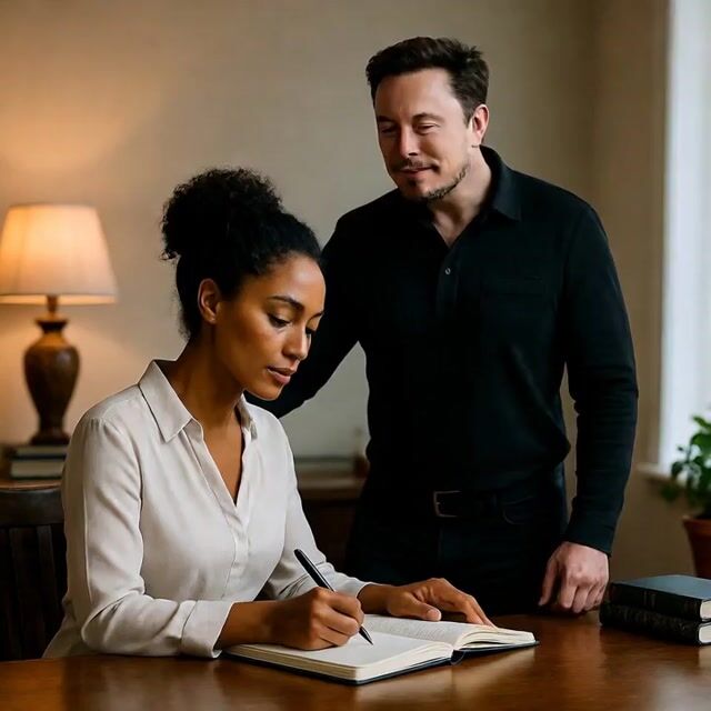 Black Woman Writing with Elon Musk Hovering Video