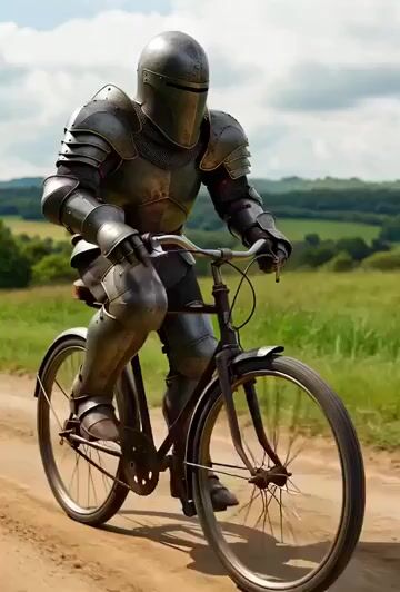 Live-action medieval knight on bicycle video prompt